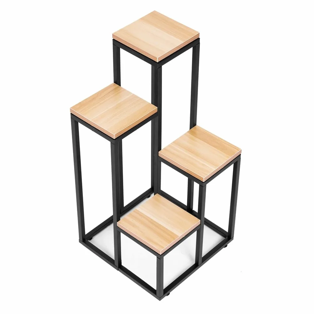 POKKA Kwietnik Stojący Metalowy, Stal Malowana Proszkowo z MDF, Czarny/Dąb, 4-Poziomowy, 69,5 x 34 x 34 cm, Obciążenie 15 kg na Półkę