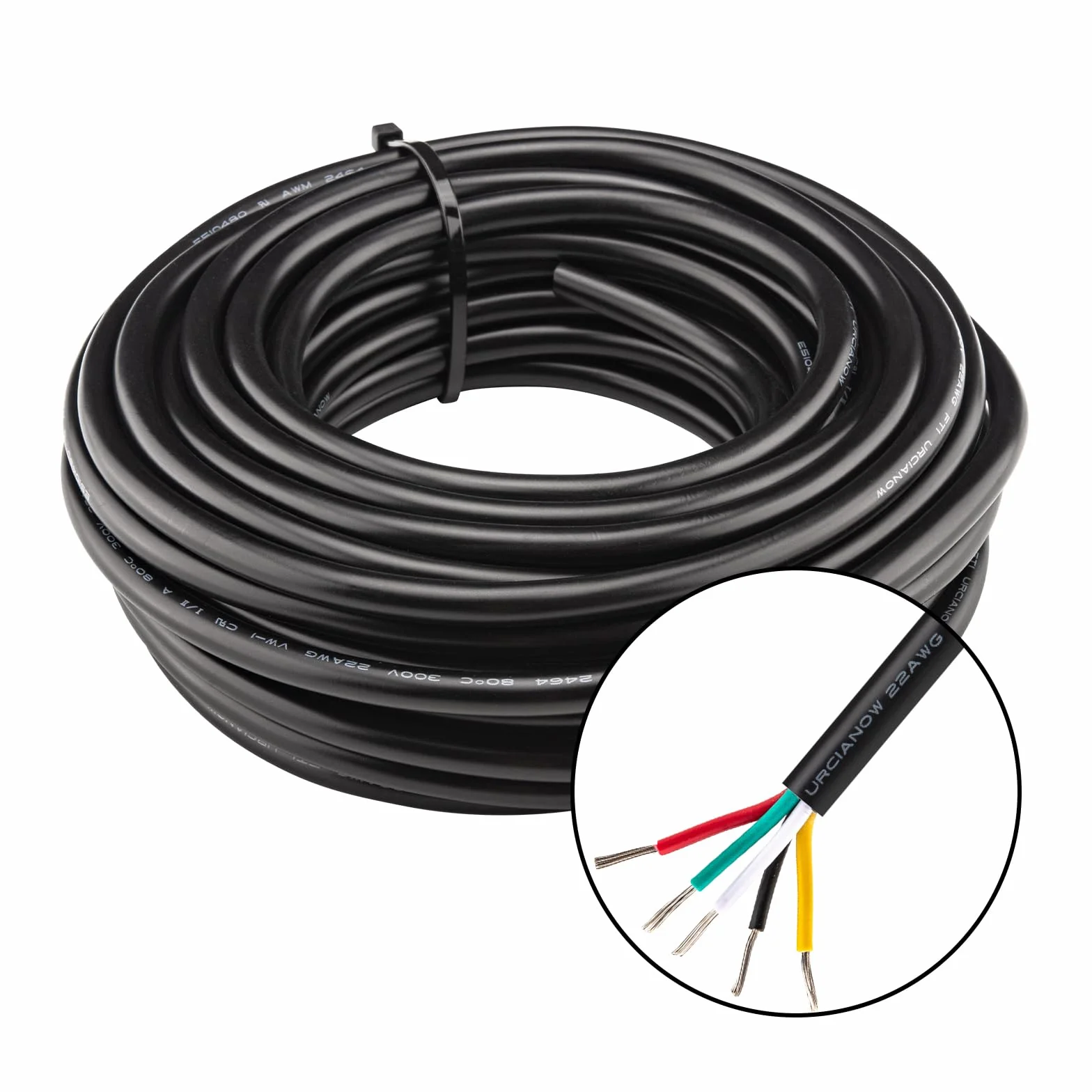 10M 5-biegunowy kabel 22AWG 0,3mm² UL2464 czarny elastyczny PVC | 5 przewodów przedłużających, UL2464, 5 przewodników, miedź ocynkowana 22AWG, czarna powłoka PCW