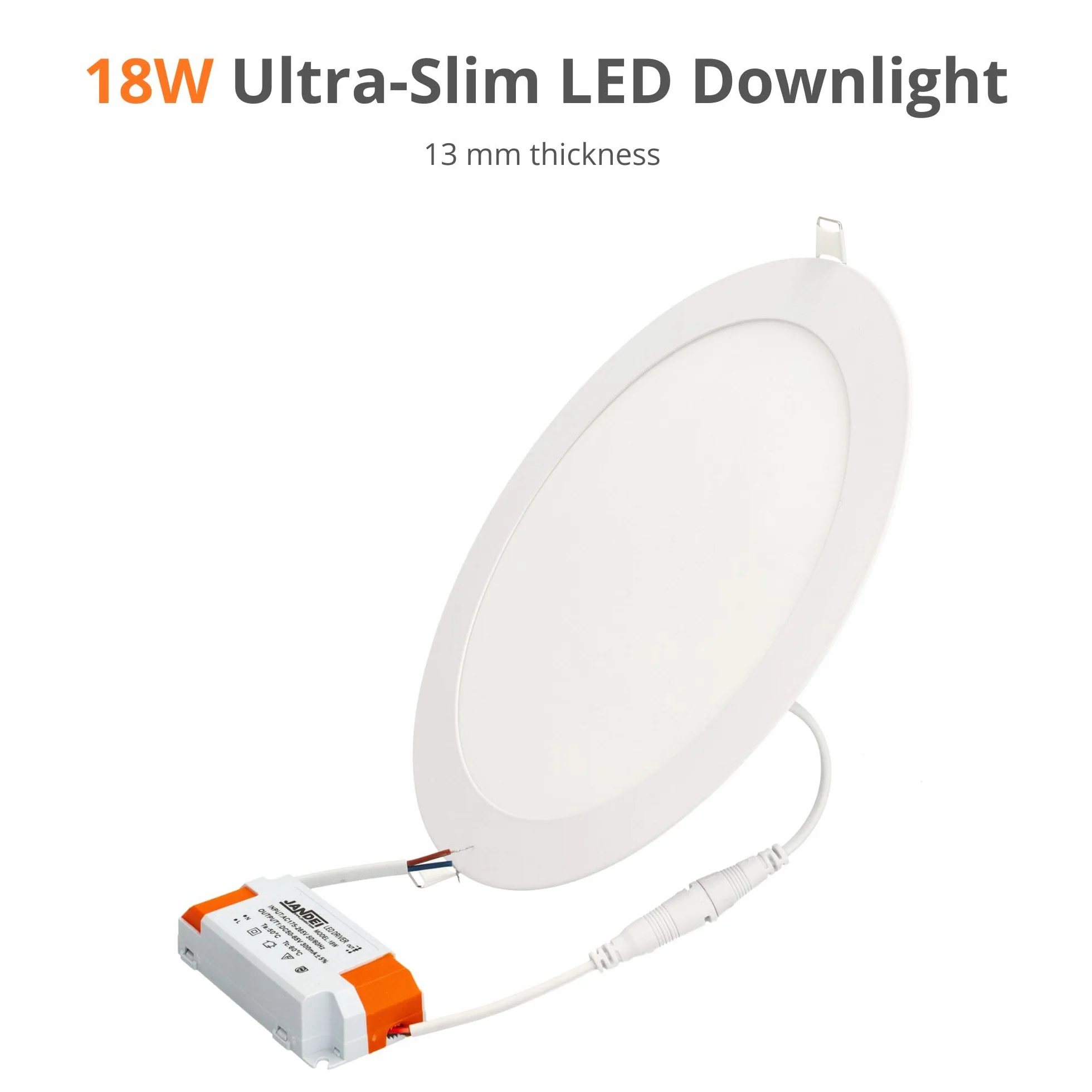 Jandei - Zestaw 5 lamp LED do zabudowy, 18 W, 1440 Lumenów, Okrągły Kształt, Otwór,ontażowy Ø 200 - Ø 205 mm, Ekstra płaskie 13 mm Głębokości (Ciepła Biel 3000K)