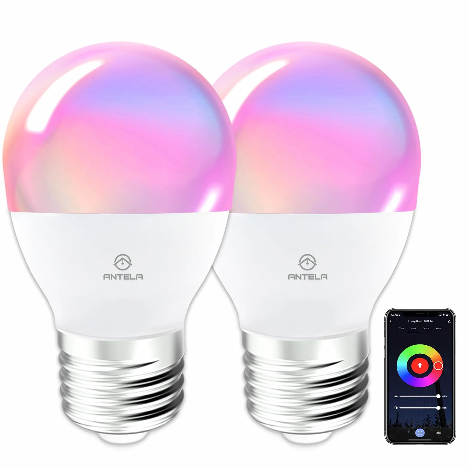 ANTELA Inteligentna żarówka G45 E27 LED 4,9W 470LM RGBCW z funkcją ściemniania Inteligentna żarówka G45 E27 LED 4,9W 470LM RGBCW z funkcją ściemniania Kompatybilna z Alexa i Google Home,2szt.