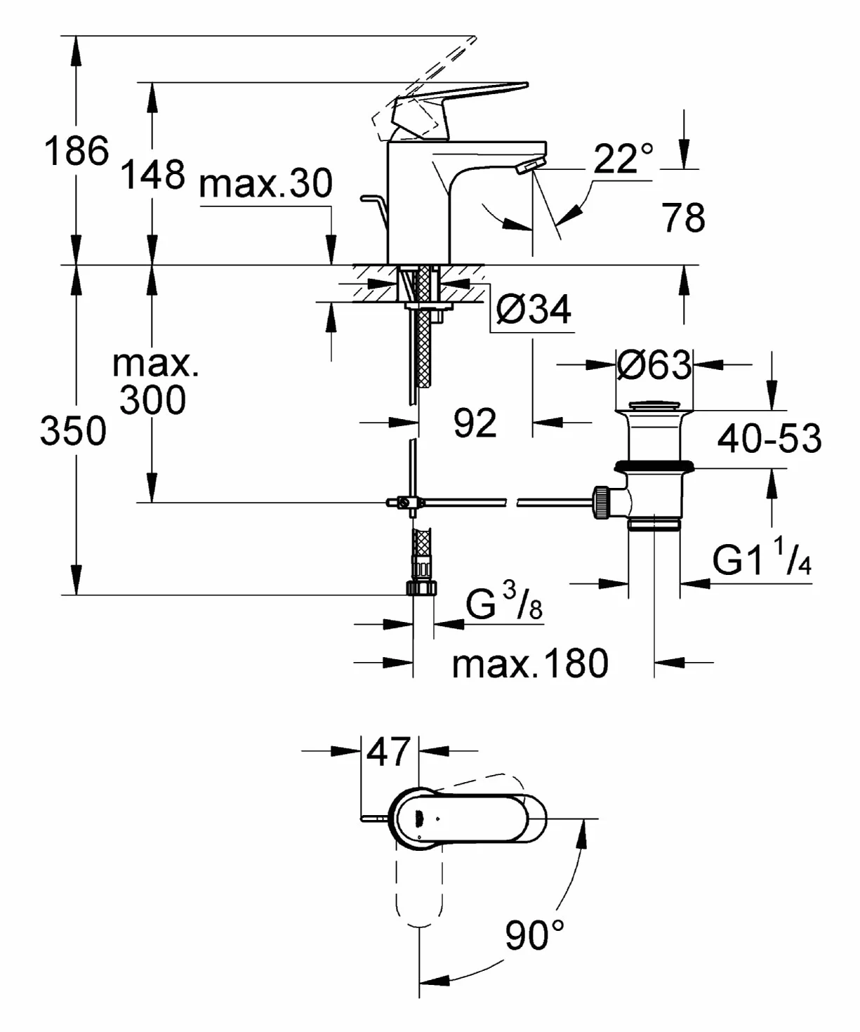 GROHE Eurosmart Cosmopolitan armatura łazienkowa, drążek ciągnący, standardowa wylewka ES 2337700E