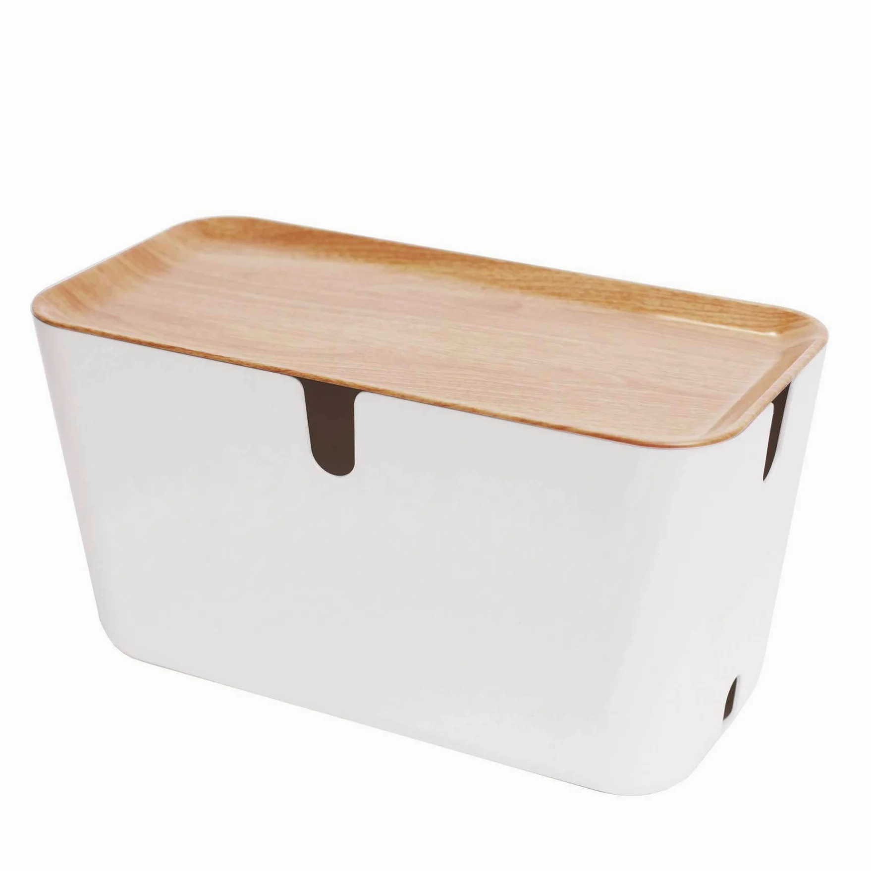 Pudełko do zarządzania kablami – organizer na kable XXL białe i naturalne drewno – 46 x 21,5 x 24,5 cm. Trudnopalne tworzywo sztuczne. Silikonowe nóżki antypoślizgowe.