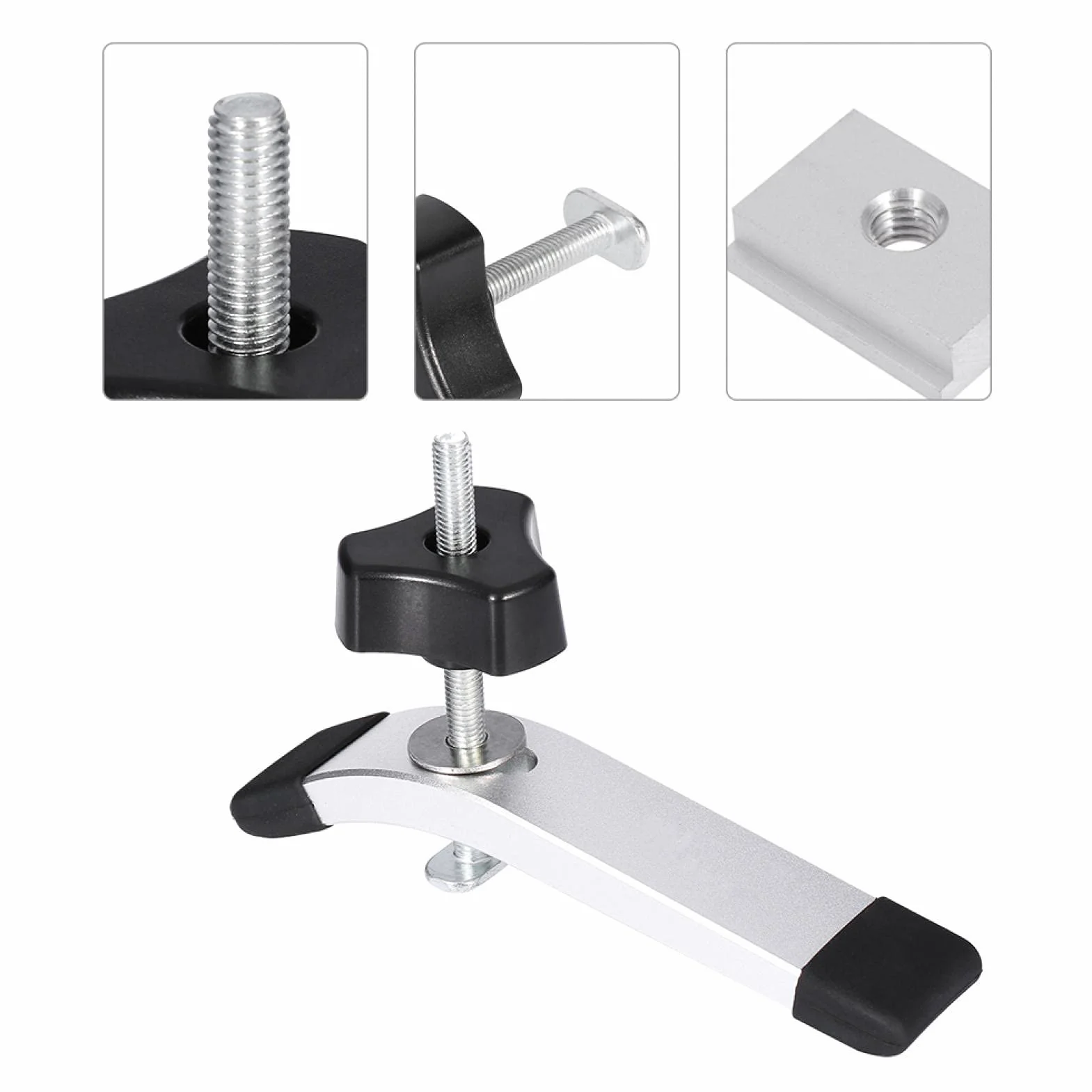 Zacisk T-Nut, metal, srebrny, zacisk do obróbki drewna, śruba T + uchwyt z tworzywa sztucznego M8, rowek w kształcie litery T, uchwyty do narzędzi do obróbki drewna, zestaw zacisków mocujących