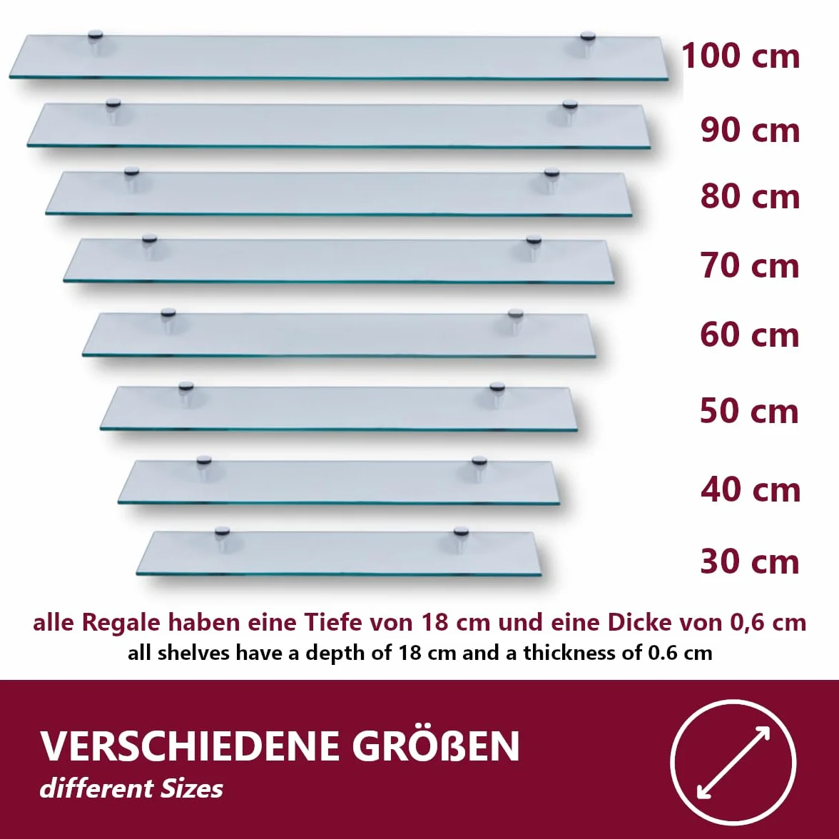 Euro Tische Szklana półka ścienna, szkło bezbarwne, szklana półka do łazienki, szklana półka pod prysznic z bezpiecznym szkłem typu ESG 6 mm i metalowymi uchwytami, do montażu, różne rozmiary (90 cm)