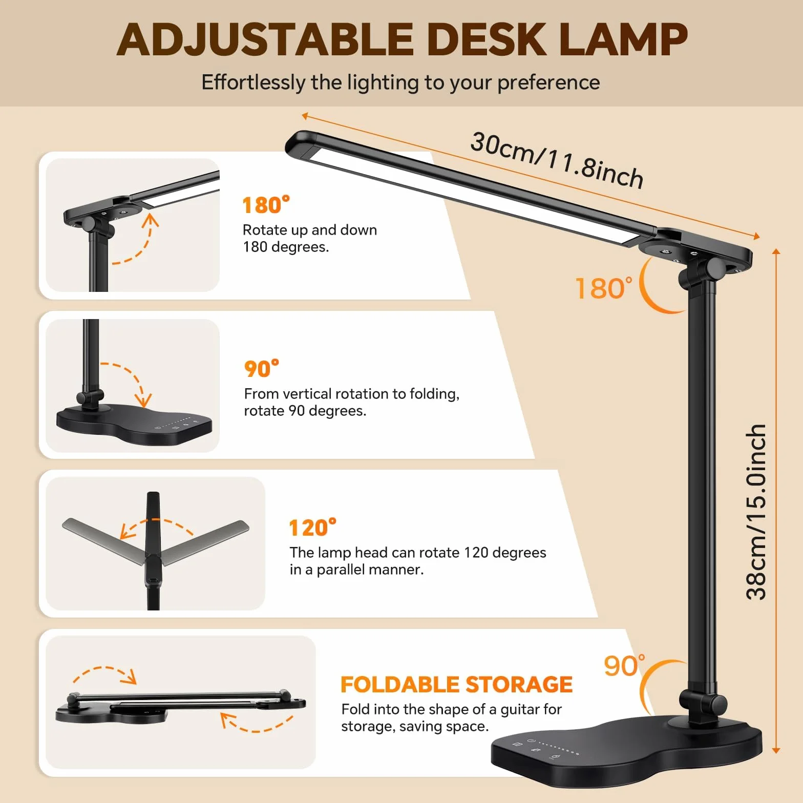 Caldarax Lampa biurkowa LED, lampa stołowa 5 kolorów i 10 poziomów jasności, port USB/minutnik/sterowanie dotykowe, ochrona oczu LED do czytania, pracy, nauki (czarna)