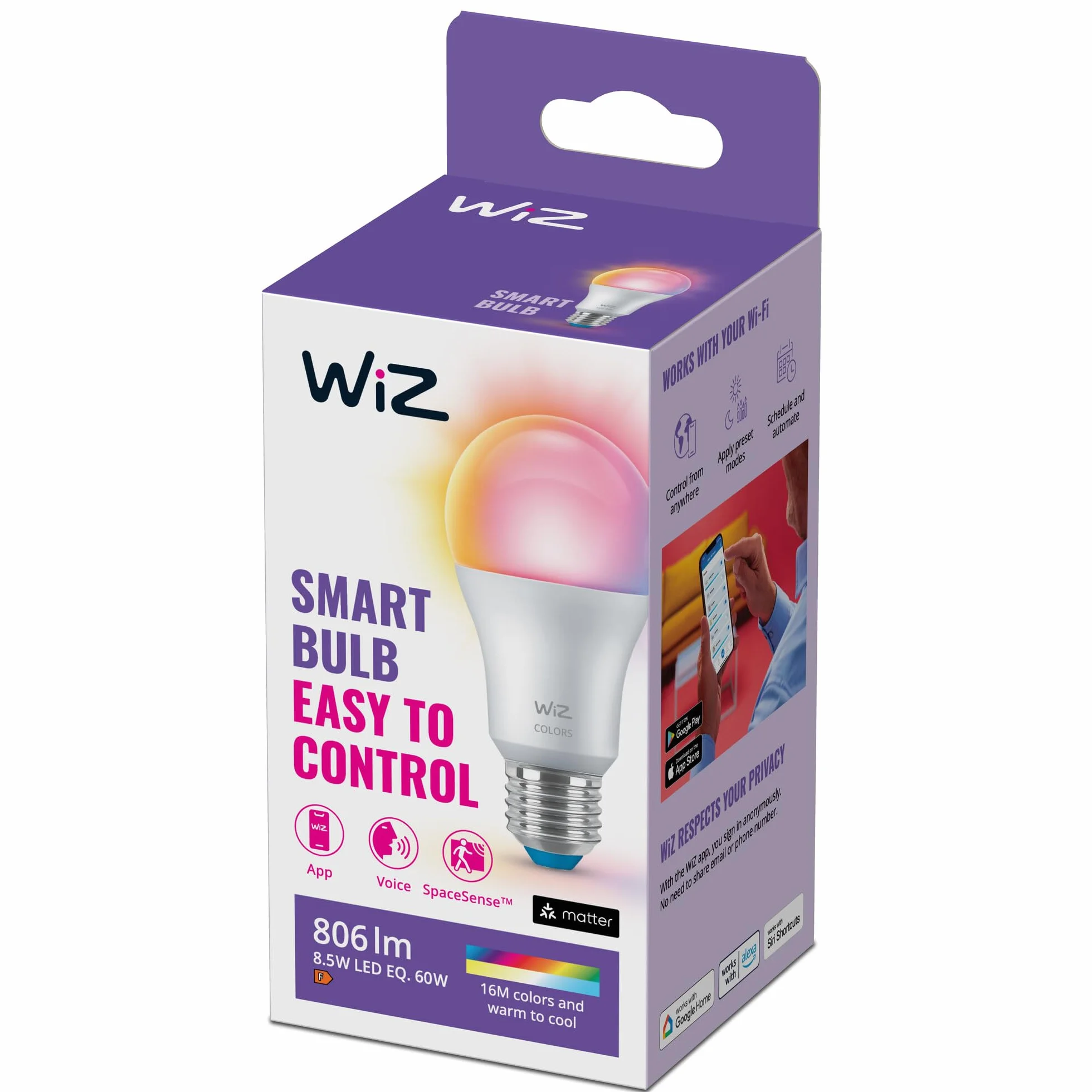 WiZ Wi-Fi BLE 60W A60 E27 822-65 RGB 1PF/6