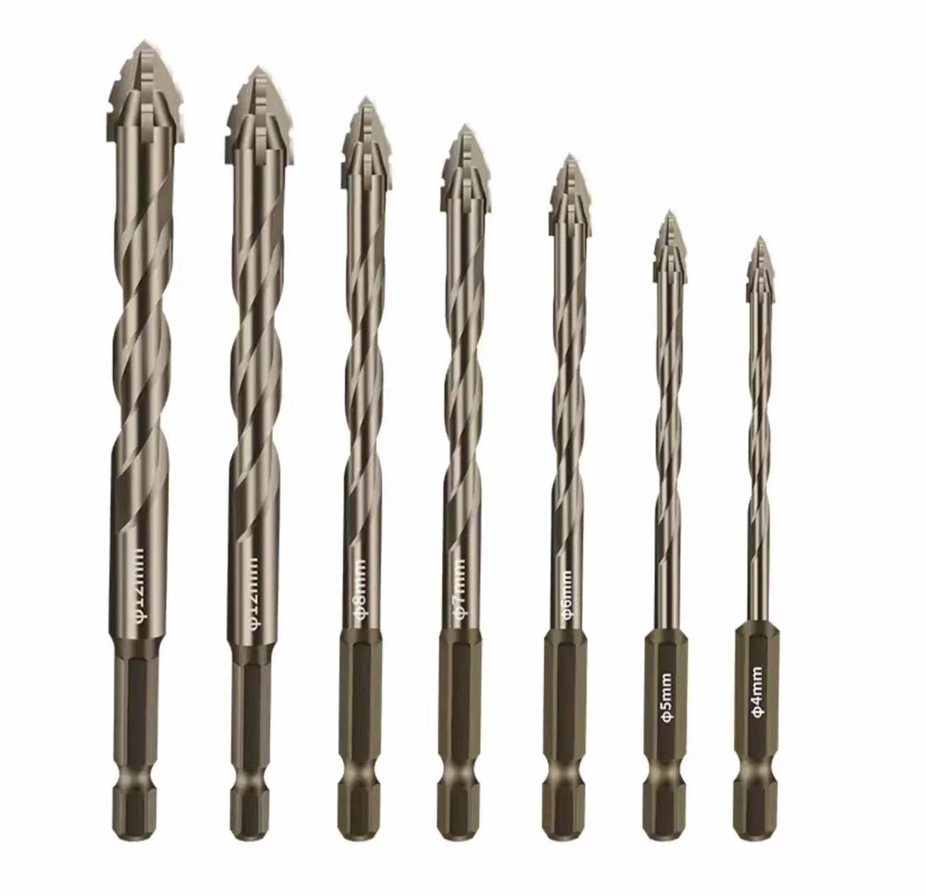Wiertła kręte, wiertło do metalu, 10-częściowe mimośrodowe 4~12 mm z krawędziami tnącymi, ząbkowane o czterech krawędziach chwytem sześciokątnym 1/4 cala, ceramika, drewno(12mm)