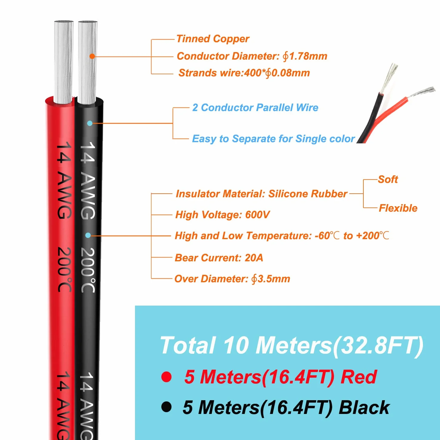 Przewód elektryczny 14 AWG 2 mm², 2 rdzenie, przewód silikonowy, 10 metrów, czarny, 5 m, czerwony, 5 m, elastyczny, przedłużacz 14 Gauge, skrętka miedziana ocynowana, podłączenie model kabla do ciasta